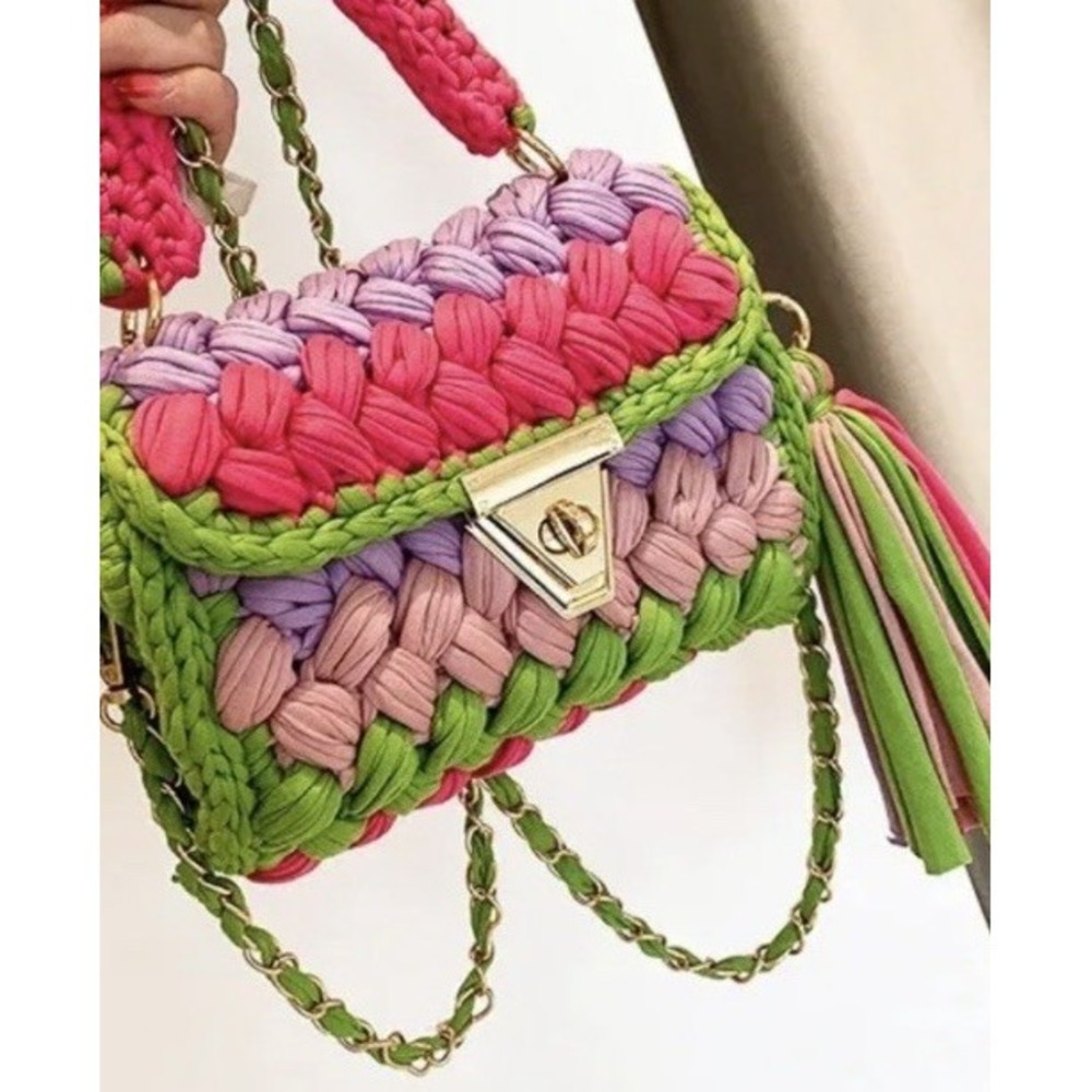 Handmade Crochet Crossbody Bag Pink, Green And Purple With A Gold Chain Straps